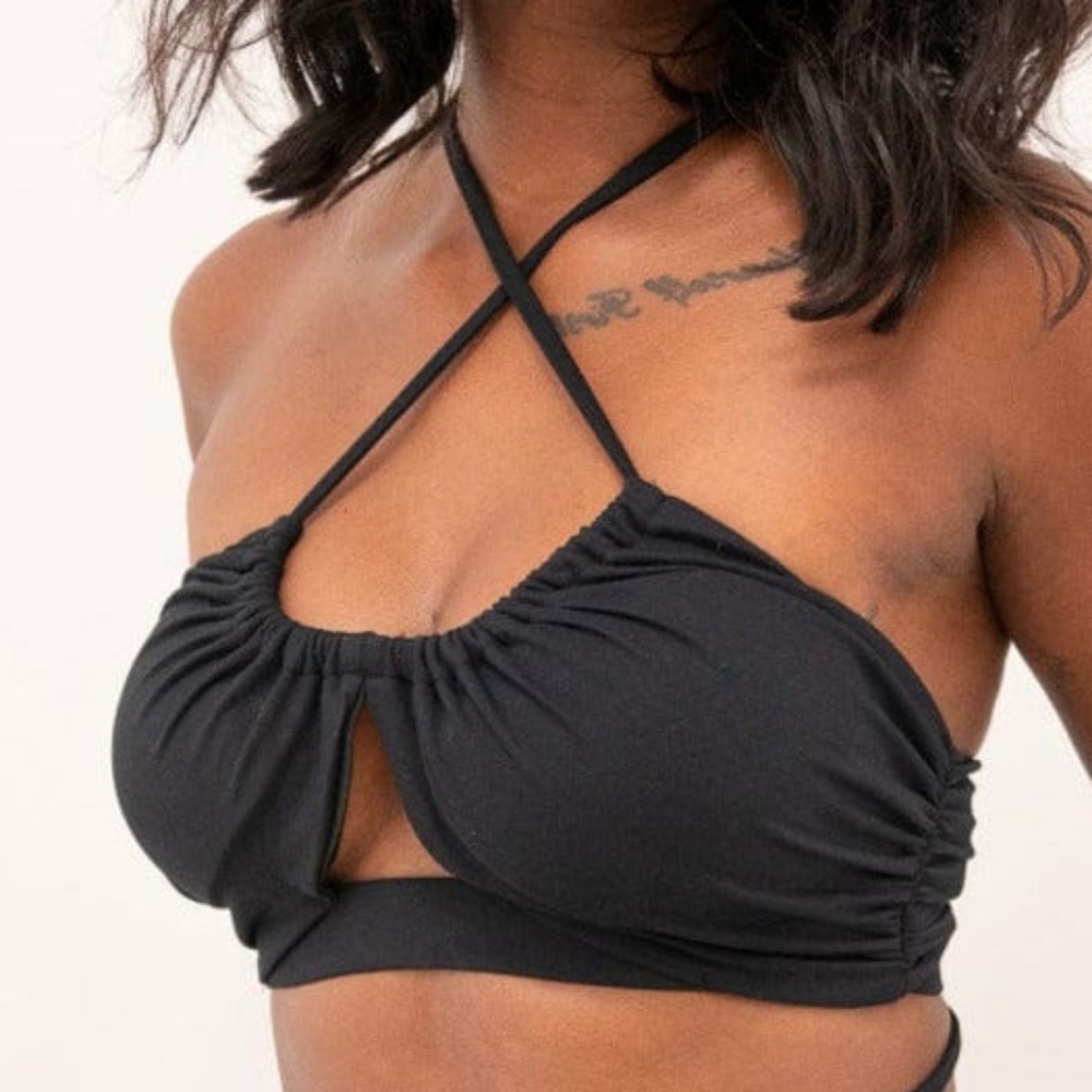 NWT - LUNALAE - Analia Bra, Ruched Criss Cross Scoop Neck Bra - Recycled Black